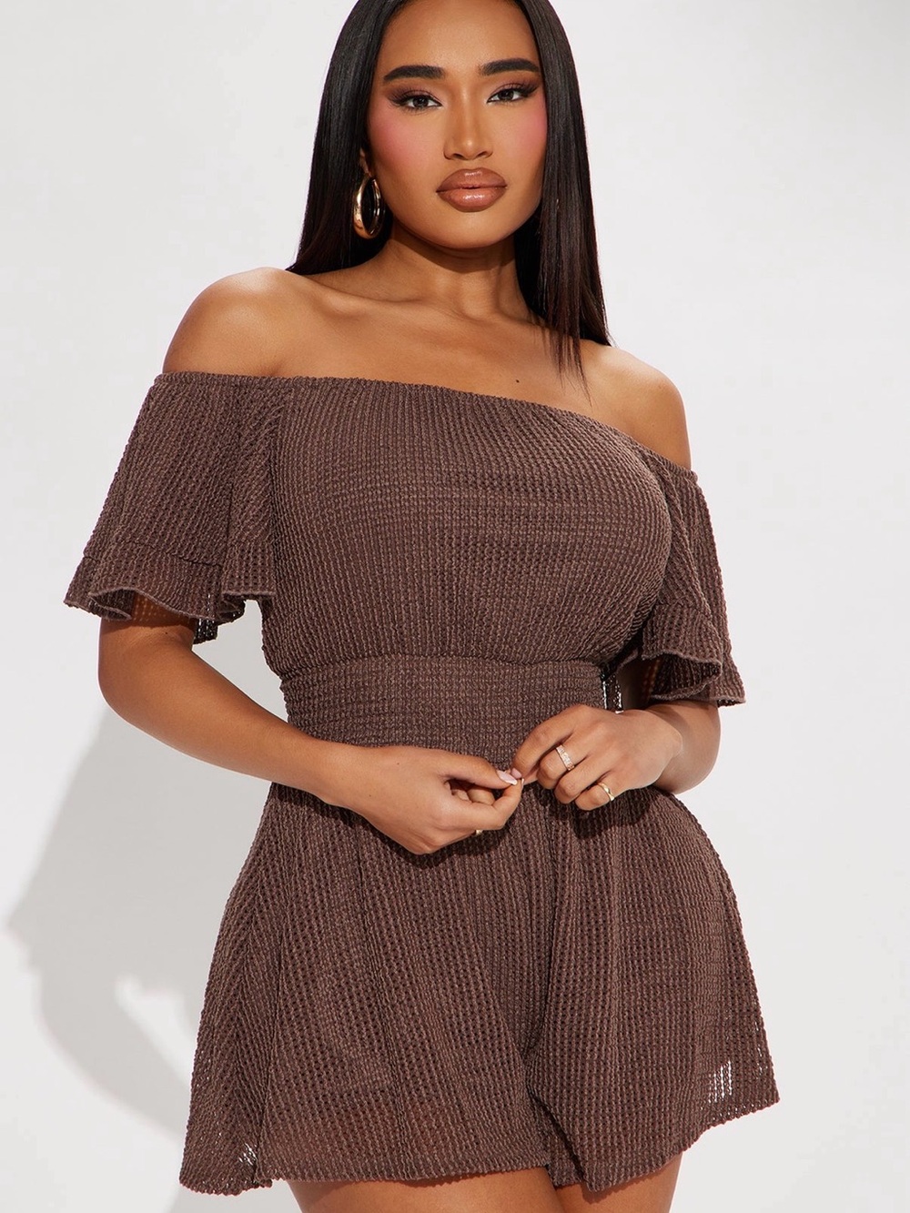 Fashion Nova Chocolate Brown Off-Shoulder Smocked Romper